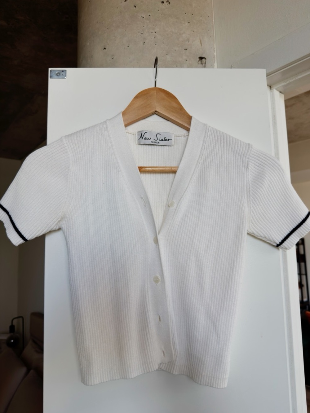 New Sincerity White Ribbed Short Sleeve Cardigan with Black Trim